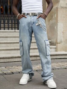 ROMWE MEN Street Life Herren Jeans mit funkelnden Diamant-Applikationen und mehreren Lagen - Blau - Übersicht 6