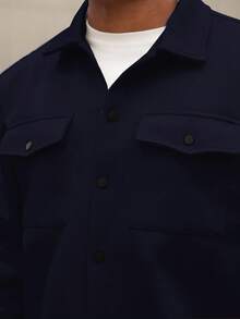 Manfinity Homme Plus Size Men's Casual Snap Button Long Sleeve Shacket, Fall - Navy Blue - View 4