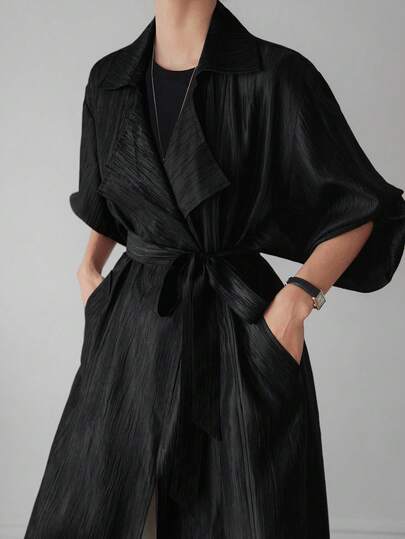 Dazy-Less 女士宽松商务休闲风衣长款衬衫，配腰带，系带设计，双层领，亮面质感，适合办公室、工作、婚礼季、春夏秋季穿着。