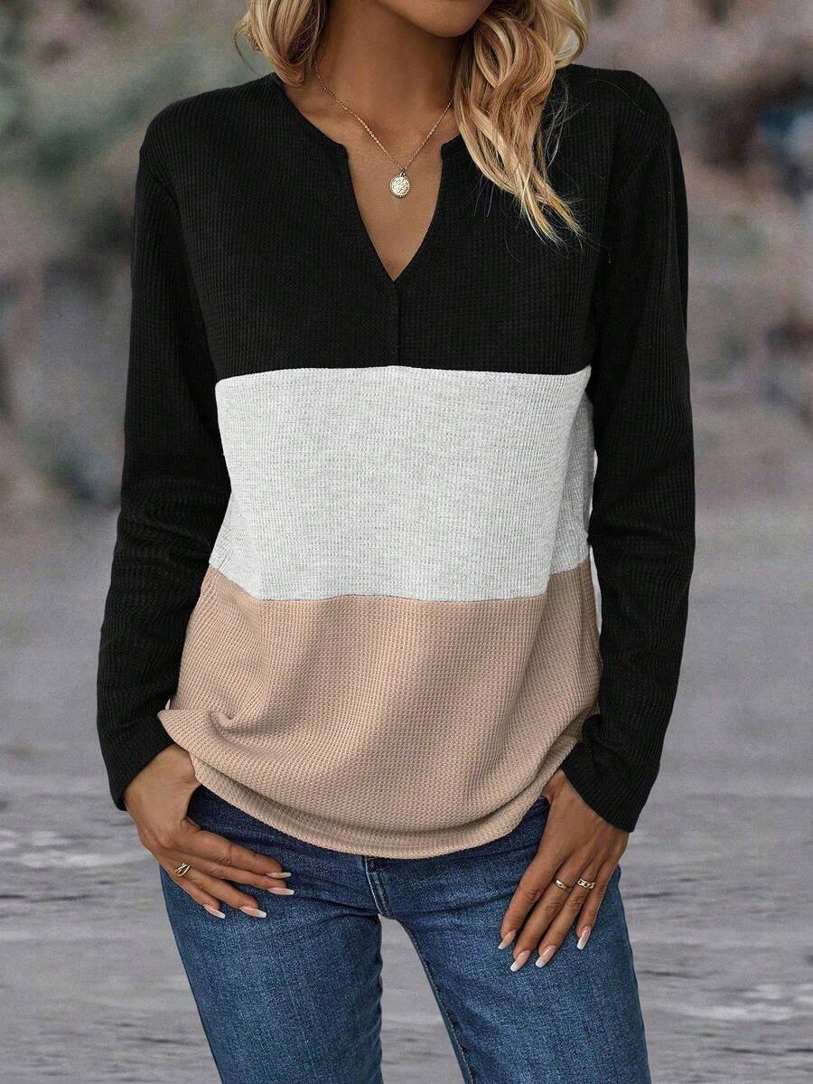 EMERY ROSE Women's Colorblock Long Sleeve T-Shirt Tees Women Tops For Spring - Khaki - View 1