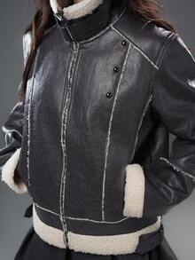 Bloopia Retro American Style Women's Autumn/Winter Halloween New Faux Fur Distressed Texture Composite Material Fashion Classic Versatile Women Jacket Coat - Black - View 9