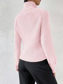 RosyDaze Women's High Neck Solid Color Raglan Sleeve Knitted Casual Long Sleeve Ribbed Sweater - Baby Pink - View 2