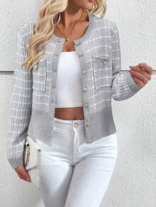 EMERY ROSE 女式格子长袖金属单排扣休闲针织开衫，秋季 - 灰色 - 查看 4