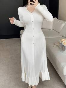 DAZY V-Neck Slim Fit Knit Dress, Suitable As Undershirt For Coats, Sweaters In Autumn/Winter - White - View 7