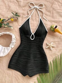 Soleia 女士休闲度假新款 V 领露背系带蝴蝶结镂空黑白撞色修身罗纹连体裤，适合派对、约会、下午茶、海滩