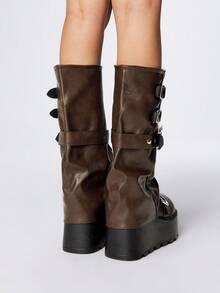 ROMWE Grunge Punk Bốt cao đến bắp chân, đế dày, mũi tròn màu nâu, phong cách Punk, thiết kế khóa cài hình dơi, thời trang ngoài trời, mùa Halloween, thu/đông 2025 - màu nâu - Xem 5