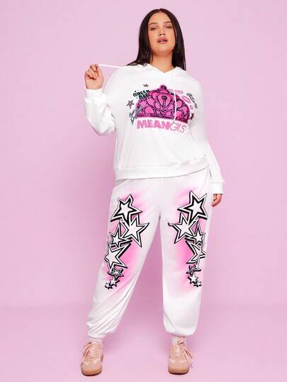 Mean Girls | SHEIN 大码女式休闲皇冠和字母图案抽绳连帽衫和运动裤两件套，春秋季