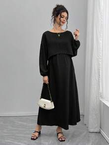 SHEIN 2 件孕妇套装：宽松船领长袖上衣和 A 字腰抽绳裙 - 黑色 - 查看 1