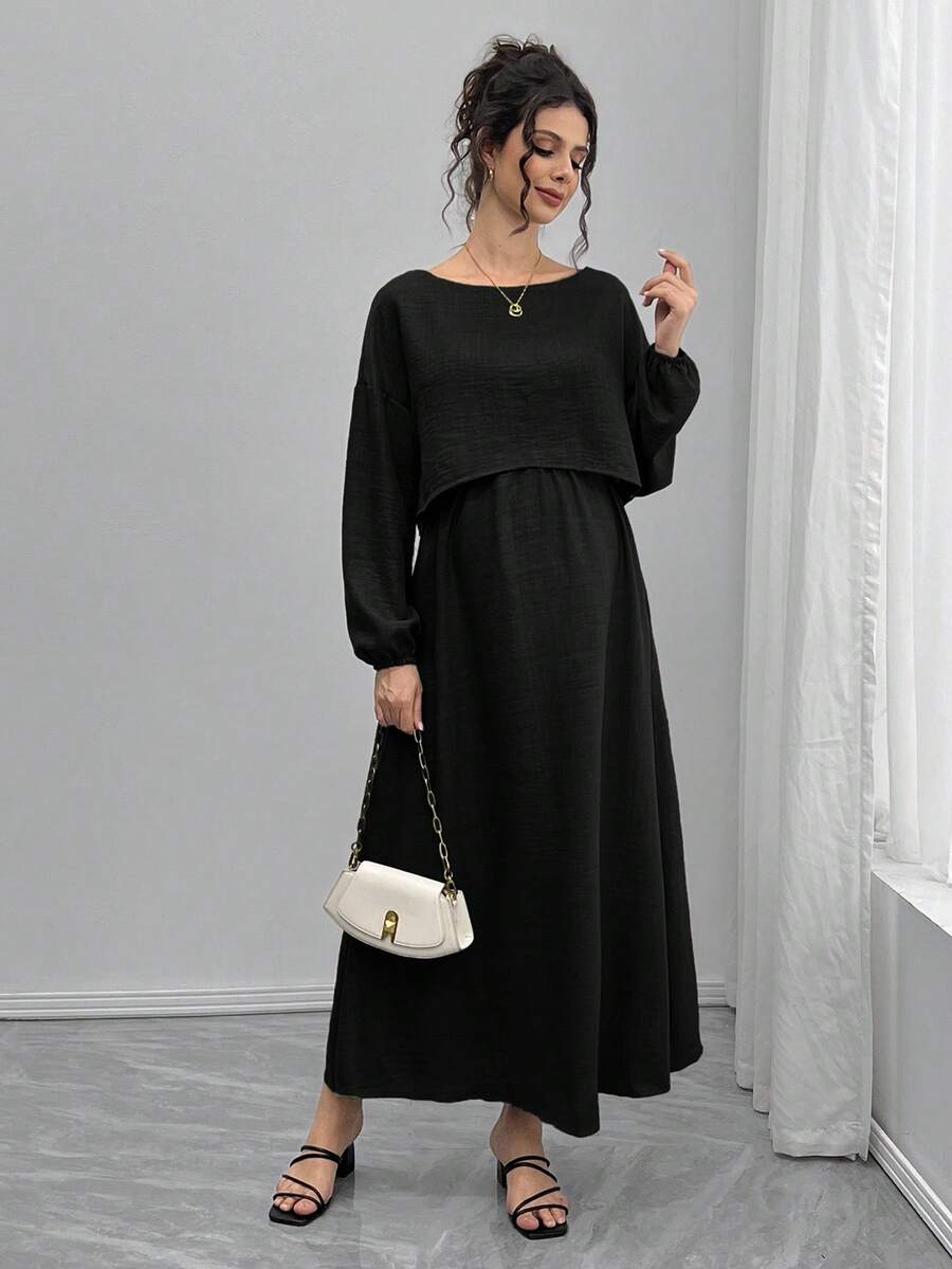 SHEIN 2 件孕妇套装：宽松船领长袖上衣和 A 字腰抽绳裙 - 黑色 - 查看 1
