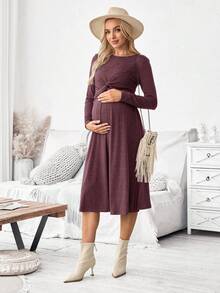 SHEIN Đầm cho con bú tay dài cổ tròn màu trơn thiết kế xoắn đơn giản cho bà bầu - Màu tím - Xem 4