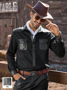 Manfinity Nomadique 男士西式口袋设计长袖单排扣休闲衬衫，秋季 - 黑色 - 查看 5