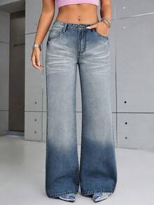 SHEIN ICON Casual Washed Low-Waist Flared Leg Jeans - Light Wash - View 3