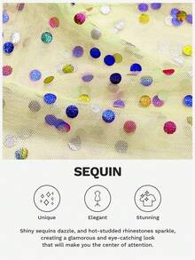 SHEIN LUNE 大码女式彩色亮片圆领短袖黑色网眼透视波西米亚节日上衣 - 黃色 - 查看 6