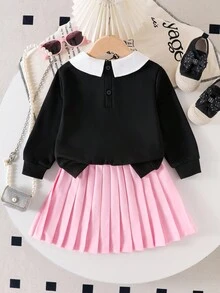 SHEIN 2pcs/Set Young Girls School Style Sweatshirt With Pleated Skirt, Black Collar Sweatshirt With Letter Print, Pink Pleated Skirt Fall Winter - Black - View 2