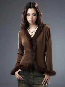 Bloopia Maillard 破洞别致女士磨边修身长袖开衫，秋冬，万圣节 - 棕色 - 查看 3