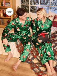 CoupledUp 情侣款圣诞老人驯鹿印花缎面翻领长袖上衣和裤子睡衣套装，男士秋冬情侣睡衣套装，圣诞睡衣，男士情侣睡衣，圣诞睡衣 - 綠色 - 查看 4