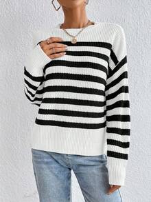 Chiquease 女式休闲落肩条纹套头衫，秋季 - 白色 - 查看 5