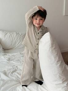 Hapijoa 两件套幼儿男童韩版条纹衬衫和宽松裤子睡衣套装 - 米色 - 查看 2