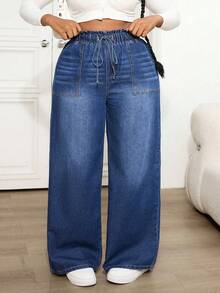 SHEIN CURVE+ 大码休闲水洗阔腿抽绳腰牛仔裤 - 藍色 - 查看 3