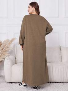 Lacomfia 大码纯色圆领长袖蝴蝶印花中长连衣裙 - 卡其色 - 查看 2