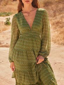 V 领花卉印花雪纺长袖层叠荷叶边开衩超长连衣裙休闲可爱秋季波西米亚风装西部乡村风 - 綠色 - 查看 4