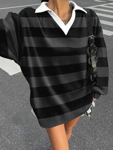 Muchica Camiseta de manga larga holgada con cuello polo, estampado de rayas monocromo estilo vintage retro casual, adecuada para otoño/invierno, calle, deporte, Y2K - Multicolor - Ver 6