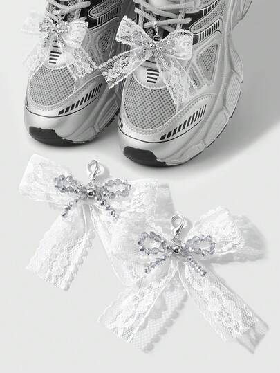 Kawaii 2pcs Fashionable High-End Handmade Beaded, Crystal-Like White Mesh Lace Bow Shoe Clips, Ornamental Set, Suitable For Women, Daily Wear & Gifts