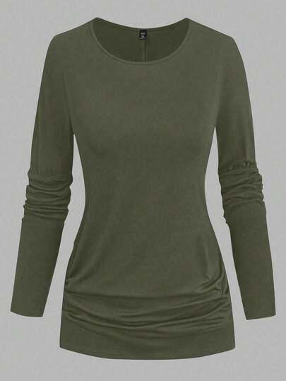 SHEIN LUNE Women's Plus Size Casual Solid Color Crew Neck Long Sleeve Knit T-Shirt, Autumn/Winter