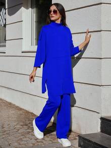 RueChic 女士實色長款毛衣和針織長褲兩件套 - 藍色 - 查看 6