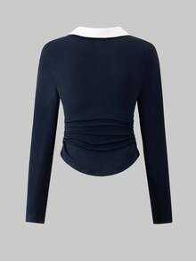 Tween Girls' Colorblock Collar Long Sleeve Casual Knight Print T-Shirt Fall Winter - Navy Blue - View 2