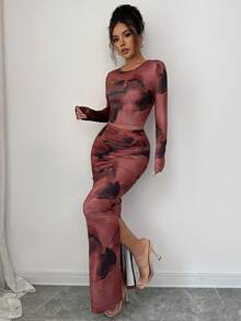 Elenzga 2 件套女士时尚圆领优雅紧身不对称扎染图案长袖 T 恤，紧身扎染图案长裙套装 - 彩色 - 查看 3