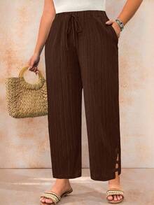 Breezaya Pantalones de mujer de talla grande de unicolor, textura casual y minimalista, de manga larga - Marrón - Ver 3
