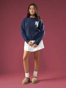 Áo len dệt kim màu xanh hải quân SUMWON với logo NY màu trắng, tay dài, cổ tròn, thích hợp cho mùa thu đông và đi nghỉ mát. - Xanh đậm - Xem 7