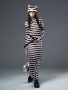 Bloopia Punk Apocalypse Chic Women's Autumn/Winter Halloween Fashion Personalized Contrast Stripe Digital Print Bow Rivet Rhinestone Fitted Long Sleeve Off Shoulder Pullover Maxi Dress - Multicolor - View 4