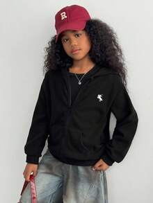 Embroidered Fleece Casual Fashionable Sweatshirt Jacket For Older Tween Girl Fall Winter - Black - View 5