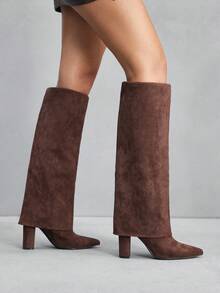 CUCCOO SZL 女士尖头粗高跟靴，棕色 PU 绒面革材质，分层设计，时尚简约，适合日常、派对、活动，侧拉链 - 棕色 - 查看 7