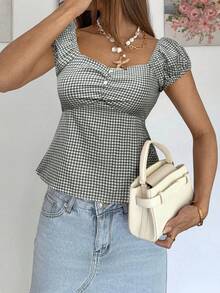 Siren Gaze Women's Casual Plaid Waist Cinched Shirt, Summer Blue - Navy Blue - View 3