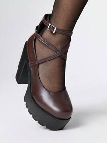 ROMWE Goth 女式封闭式交叉带玛丽珍鞋，朋克哥特厚底粗跟带扣带 JK 制服鞋，防水正式工作高跟鞋 - 棕色 - 查看 3