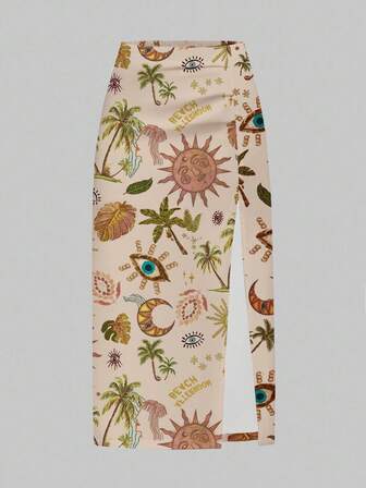 Fairycore Minigonna da donna sexy aderente, con stampa di palme, arricciata, con spacco alto, adatta per la spiaggia e le vacanze