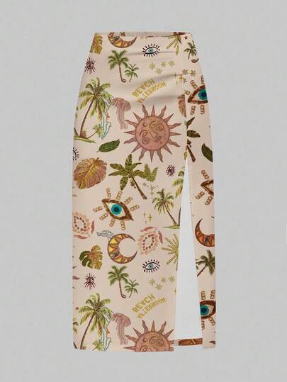 Fairycore Mini-jupe fendue sexy et moulante avec imprimé palmier pour les vacances à la plage