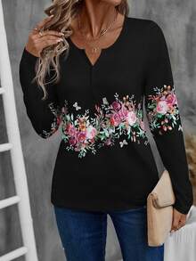 EMERY ROSE Áo thun cổ khoét họa tiết hoa giản dị, mùa thu - màu đen - Xem 6