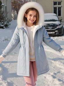 SHEIN Tween 女童休闲百搭百搭校园日常保暖毛绒领中长款纹理针织连帽夹克，秋冬秋季