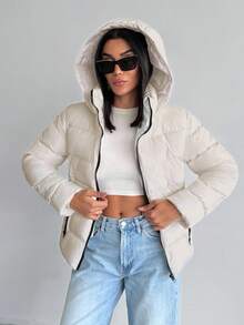 EURMUSE Contrast Zipper, Hooded, Padded, Winter Coat - White - View 4