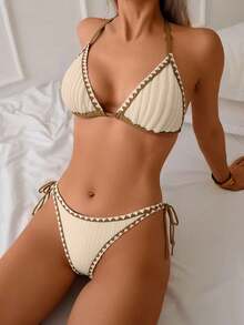 Bonvoyette Bộ 2 bikini nữ màu trắng, chất liệu vải dệt họa tiết hình vỏ sò, kiểu dáng đơn giản, thanh lịch, thích hợp cho mùa xuân/hè, đi biển, sân bay hoặc đi nghỉ mát. - Màu be - Xem 4