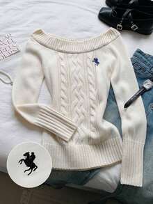 Comfortcana 女式休闲骑士图案露肩插肩长袖毛衣