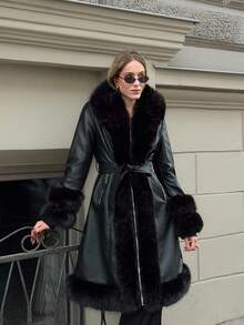 MOTF PREMIUM PU 皮革对比人造毛皮腰带大衣 - 黑色 - 查看 7