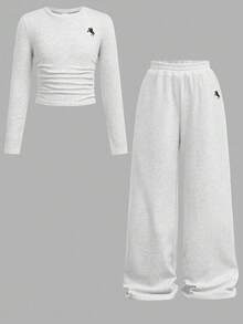 SHEIN Bộ đồ liền thân 2 món gồm áo len dài tay màu xám trơn đơn giản và quần dài cho bé gái tuổi teen, Bộ đồ liền thân thoải mái, tay dài, phù hợp mặc thường ngày vào mùa thu đông - Màu Xám nhạt - Xem 4