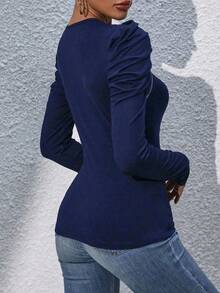 Chiquease 休闲通勤纯色泡泡袖斜拉链T恤，春秋 - 藏蓝色 - 查看 2