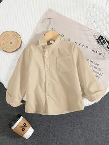 SHEIN Young Boys' Casual Comfortable Versatile Solid Color Oblique Placket Turndown Collar Long Sleeve Shirt, Suitable For Graduation And Back To School Season - Khaki - View 3