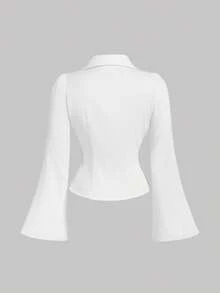 SHEIN MOD Áo cánh tay loe xếp nếp cổ chữ V cỡ lớn cho nữ, thắt eo, áo sơ mi dài tay, quần áo, áo cánh cài nút, dành cho nữ đi hòa nhạc, dành cho nữ đi sân bay, năm mới, ngày lễ tình nhân - trắng - Xem 2